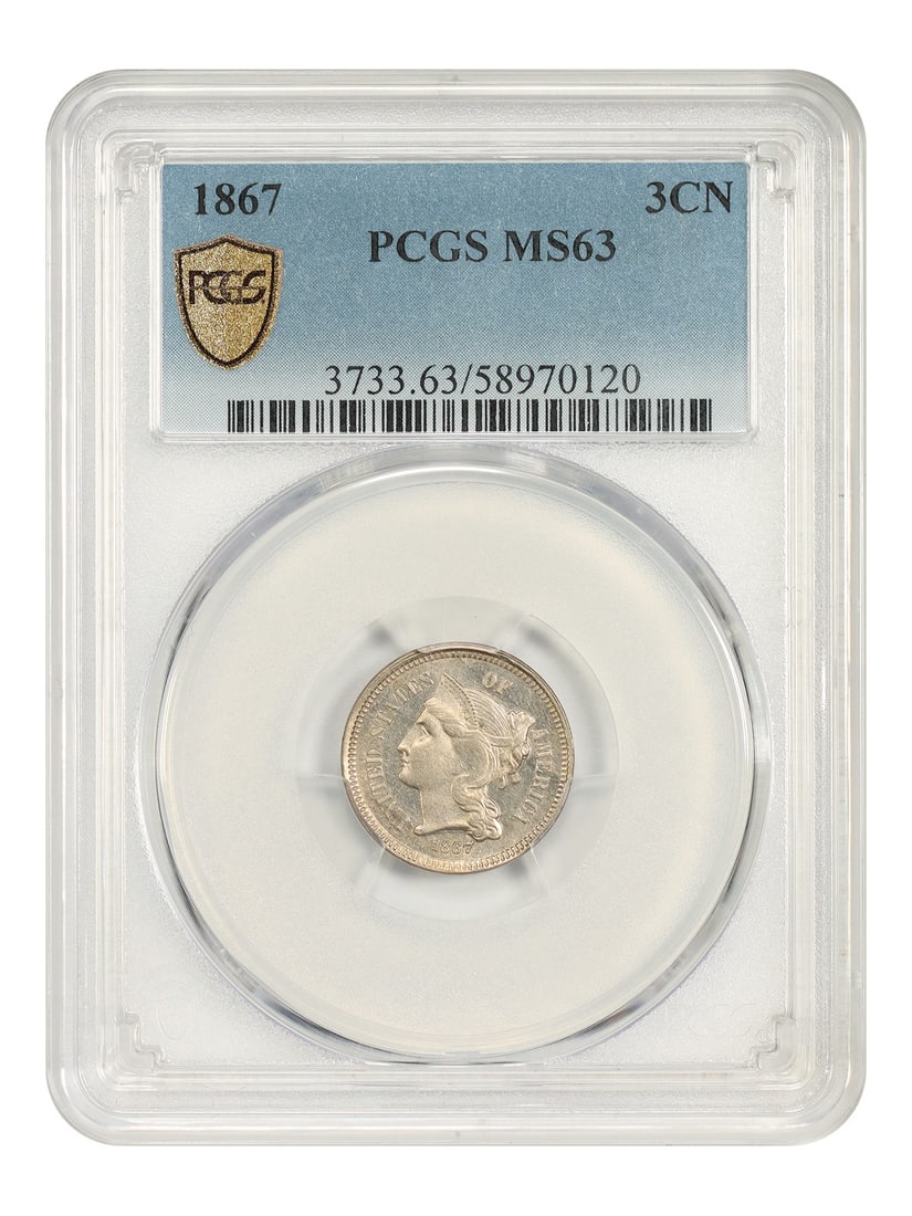 PCGS MS63 1867 Three Cent Nickel 3CN Philadelphia: PCGS MS63 1867 Three Cent Nickel 3CN Philadelphia 1867 Three Cent Nickel certified by PCGS in MS63 grade. This uncirculated pre-owned coin was struck in Philadelphia and is identified as a 3CN denomin