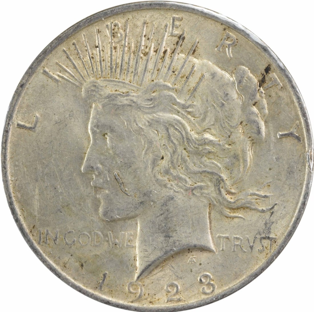 1923 Peace Dollar VAM 1D Whisker Cheek Silver $1 AU Uncertified: 1923 Peace Dollar VAM 1D Whisker Cheek Silver $1 AU Uncertified 1923 Peace silver dollar featuring the VAM 1D "Whisker Cheek" variety. This uncertified coin is circulated and graded AU, with a Choice 