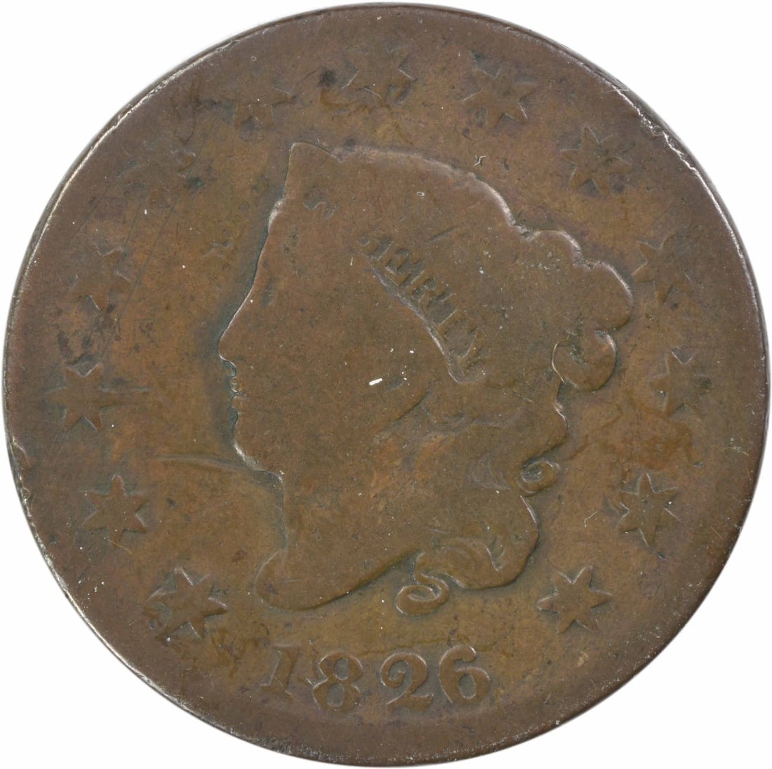 1826 Large Cent Coronet Head Copper Coin Uncertified: 1826 Large Cent Coronet Head Copper Coin Uncertified This 1826 Large Cent features a Coronet Head design and is certified as uncirculated. Minted in Philadelphia, this coin has a diameter of 28.00 mil