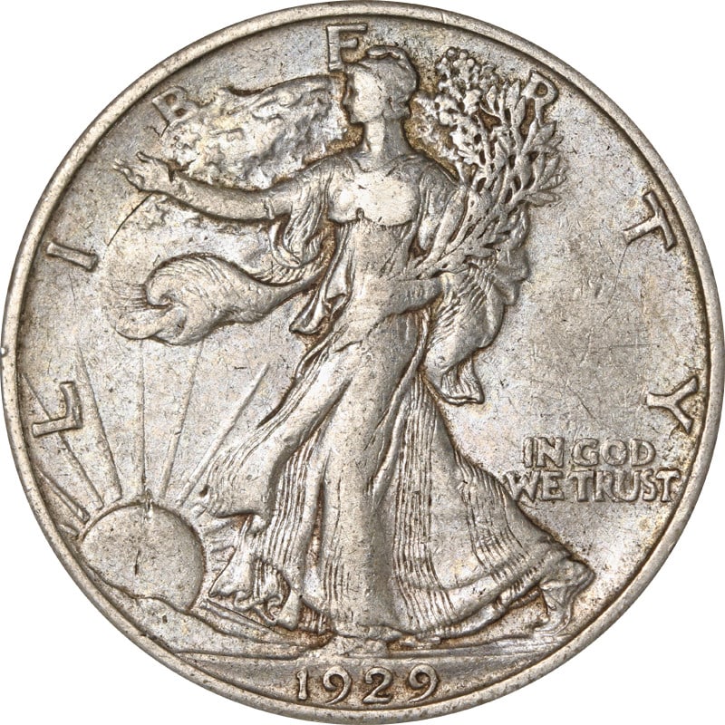 1929-S Walking Liberty Silver Half Dollar: 1929-S Walking Liberty Silver Half Dollar This is a 1929-S Walking Liberty Half Dollar from the United States. The coin is composed of silver with a fineness of 0.9 and is in circulated, pre-owned con