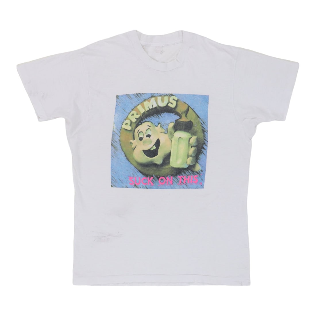 Vintage 1990s Primus Suck This White Cotton Band Shirt: Vintage 1990s Primus Suck This White Cotton Band Shirt This is an original vintage Primus "Suck This" shirt from the 1990s. It is not a modern reproduction. The shirt is white, made from 100% cotton, 