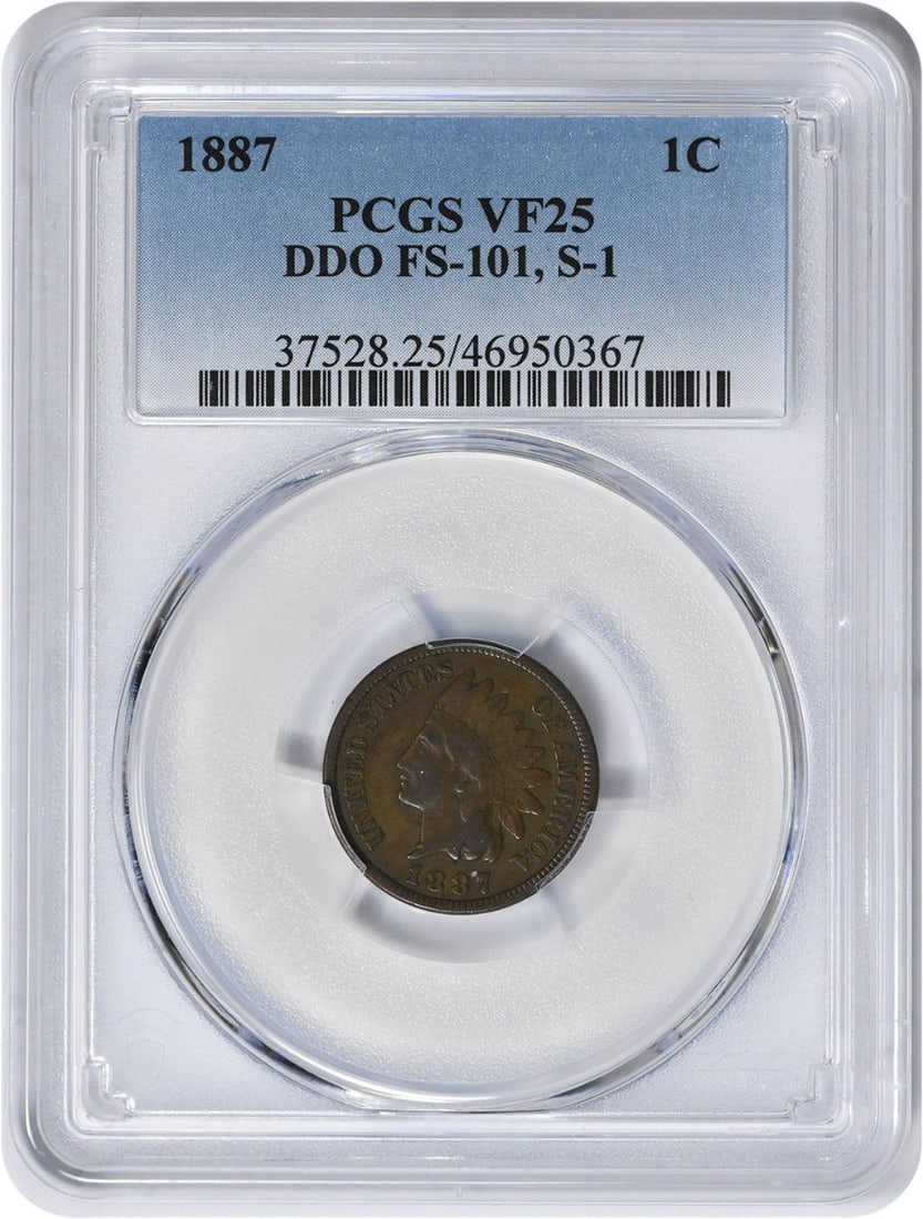 PCGS VF25 1887 Indian Head Cent DDO FS-101 S-1 Copper: PCGS VF25 1887 Indian Head Cent DDO FS-101 S-1 Copper This is an 1887 Indian Head Cent featuring the DDO FS-101 S-1 variety. Graded VF25 by PCGS, this circulated coin is composed of copper and was str