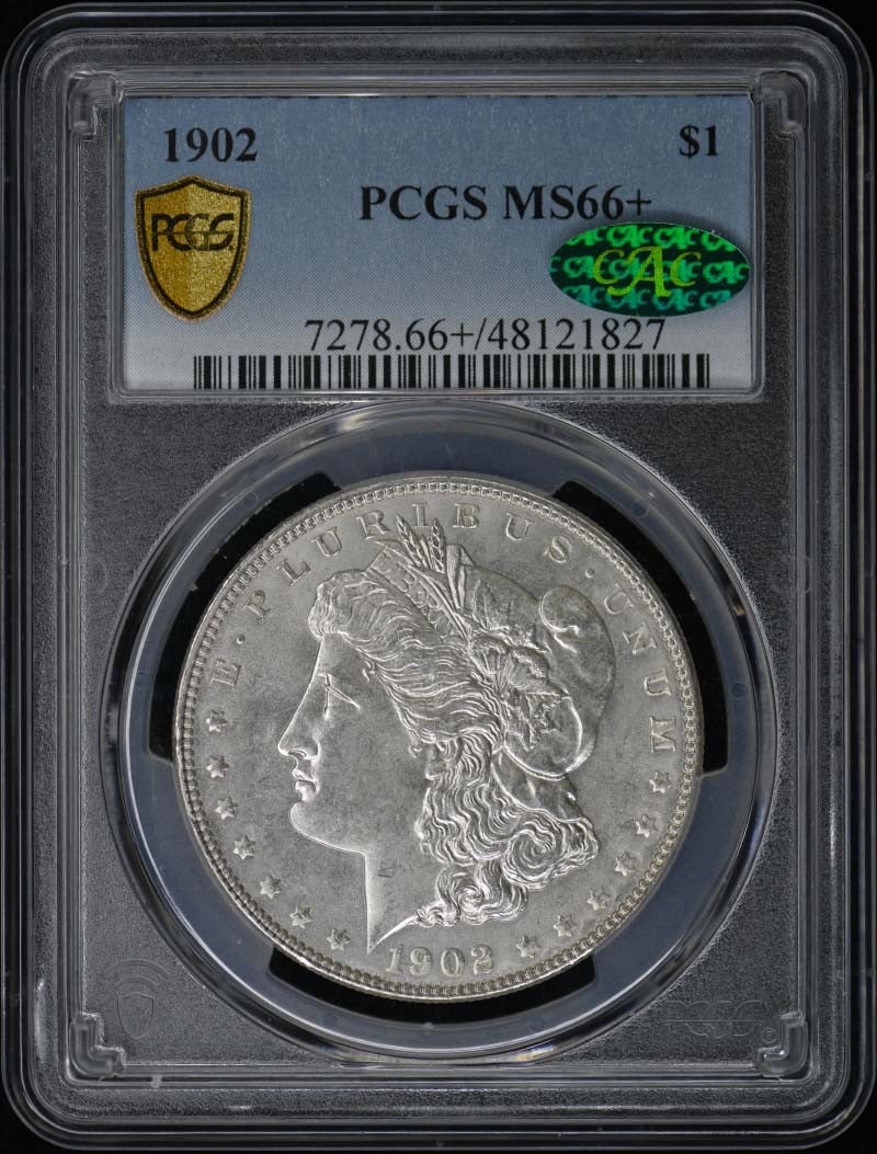 1902 Morgan Dollar PCGS MS66+ CAC: 1902 Morgan Dollar PCGS MS66+ CAC This 1902 Morgan Dollar is graded MS66+ by PCGS and features the CAC designation, indicating superior quality within its grade. Struck in Philadelphia, this uncircula