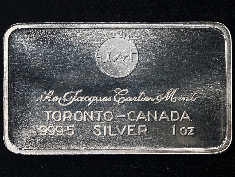 1 Ounce Silver Bar Jacques Cartier Mint Toronto Canada: 1 Ounce Silver Bar Jacques Cartier Mint Toronto Canada This is a Jacques Cartier Mint 1 ounce silver bar from Toronto, Canada, featuring a fineness of 0.9995. The bar is composed of silver and is part