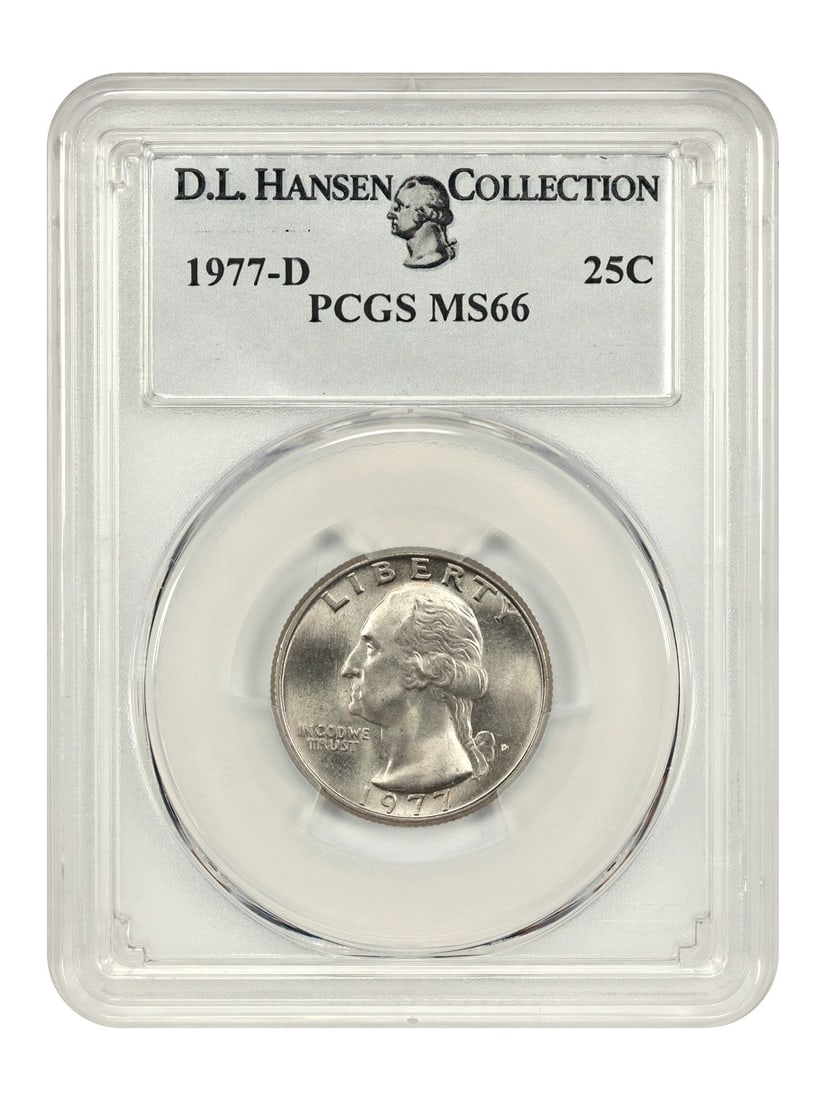 PCGS MS66 1977-D Washington Quarter 25C ex D.L. Hansen: PCGS MS66 1977-D Washington Quarter 25C ex D.L. Hansen 1977-D Washington Quarter certified by PCGS in MS66 grade, ex: D.L. Hansen. This pre-owned coin is an uncirculated example of the 25C denominatio