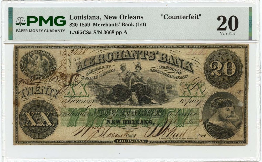 PMG VF20 Merchants Bank 1859 New Orleans LA $20 Obsolete Counterfeit Note: PMG VF20 Merchants Bank 1859 New Orleans LA $20 Obsolete Counterfeit Note 1859 obsolete note from Merchants Bank of New Orleans, Louisiana. This circulated example is graded PMG VF20 and is identified