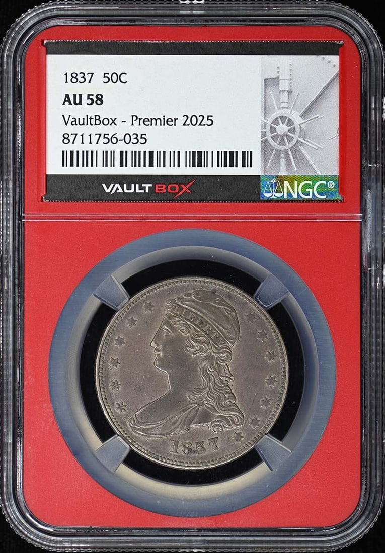 1837 Capped Bust Reeded Edge Half Dollar NGC AU58 Graded Coin: 1837 Capped Bust Reeded Edge Half Dollar NGC AU58 Graded Coin This is an 1837 Capped Bust, Reeded Edge Half Dollar graded AU58 by NGC. The coin is circulated and was minted in Philadelphia, United Sta