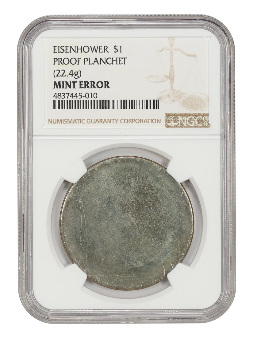 1971 Eisenhower Ike Dollar $1 Proof Planchet Error 22.4g NGC: 1971 Eisenhower Ike Dollar $1 Proof Planchet Error 22.4g NGC This Eisenhower $1 mint error is a proof planchet piece dated 1971 and attributed to the Philadelphia mint. It is uncirculated and certifie