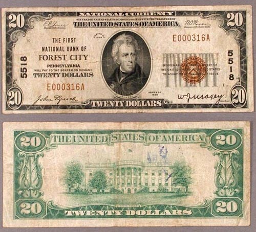$20 1929 T-1 Forest City PA National Bank Note Charter 5518: $20 1929 T-1 Forest City PA National Bank Note Charter 5518 This is a $20 National Bank Note from the First National Bank of Forest City, Pennsylvania, dated 1929 T-1. The note is graded as Very Fine 