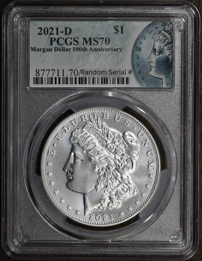 2021-D Morgan Silver Dollar MS70 PCGS 100th Anniversary Coin: 2021-D Morgan Silver Dollar MS70 PCGS 100th Anniversary Coin This stunning 2021-D Morgan Silver Dollar is a commemorative piece celebrating the 100th anniversary of this iconic coin. Crafted from 0.99
