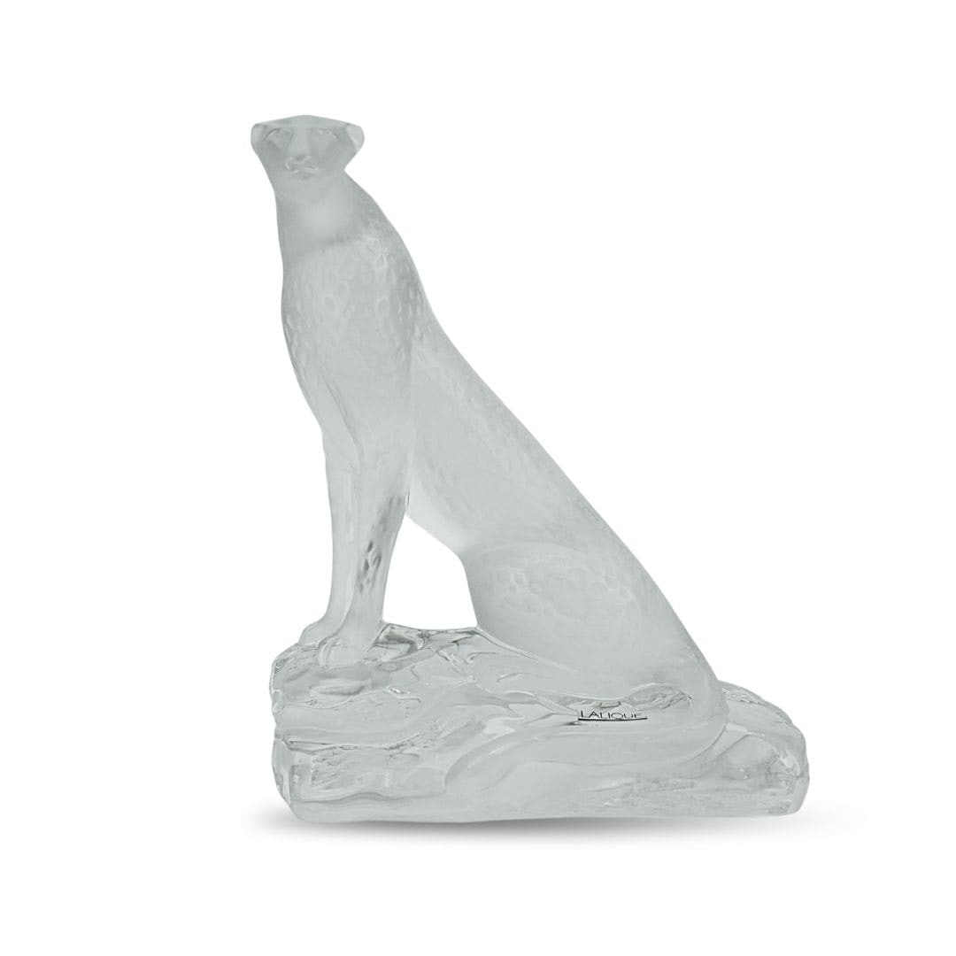 Lalique Tancrede frosted crystal cheetah figurine: Lalique Tancrede frosted crystal cheetah figurine This is an original Lalique "Tancrede" crystal cheetah figurine, designed by Marie-Claude Lalique in the 1980s. The piece features a frosted crystal c