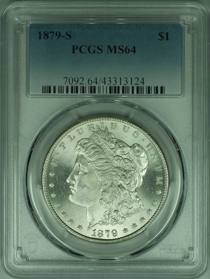 PCGS MS-64 1879-S San Francisco Morgan Silver Dollar $1 Coin: PCGS MS-64 1879-S San Francisco Morgan Silver Dollar $1 Coin This is an 1879-S Morgan Silver Dollar coin, certified by PCGS with a grade of MS-64. Minted in San Francisco, this uncirculated silver dol