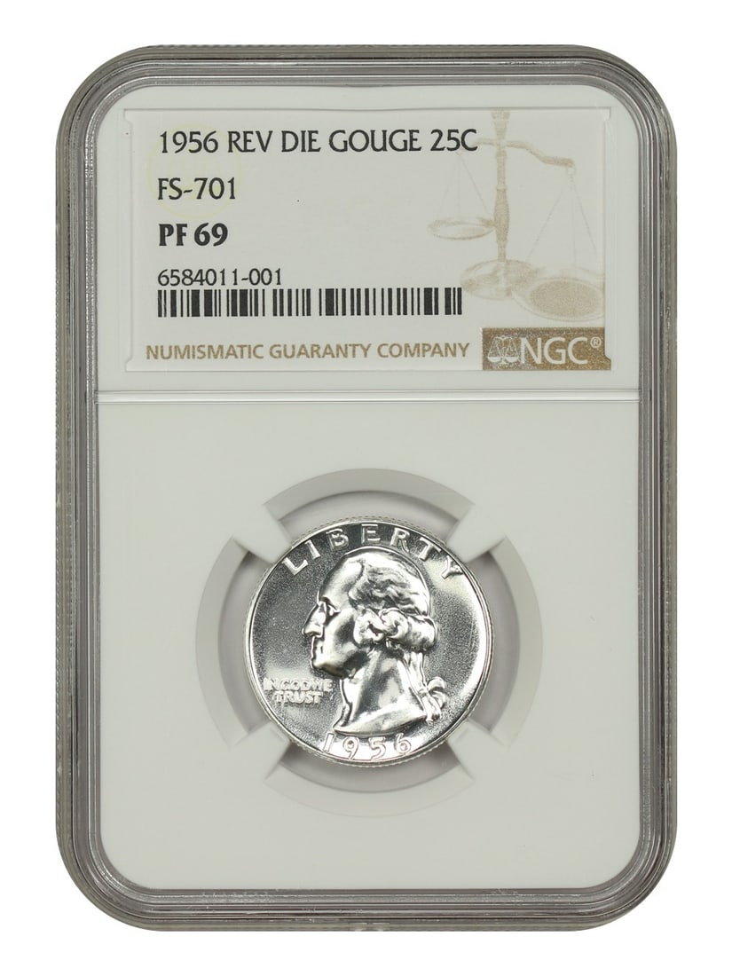 Washington Quarter 1956 25C NGC PR69 FS-701 Reverse Die Gouge: Washington Quarter 1956 25C NGC PR69 FS-701 Reverse Die Gouge 1956 Washington Quarter, denomination 25C, featuring the Rev Die Gouge variety FS-701. This pre-owned coin is an uncirculated example cert