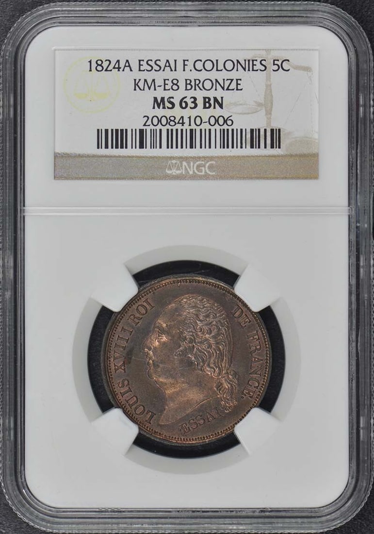 1824A ESSAI FRANCE 5C KM-E8 NGC MS63BN Uncirculated Bronze Coin: 1824A ESSAI FRANCE 5C KM-E8 NGC MS63BN Uncirculated Bronze Coin This exceptional 1824A ESSAI 5 Centimes coin from France is a remarkable piece of numismatic history, certified by NGC with a grade of M