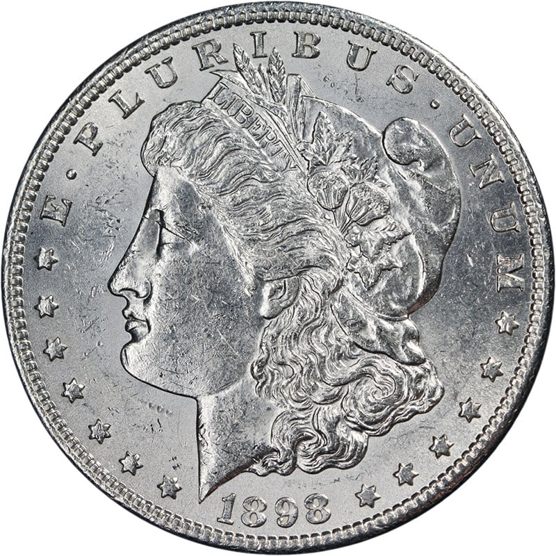 Uncirculated 1898-S Morgan Dollar San Francisco Mint Silver Coin: Uncirculated 1898-S Morgan Dollar San Francisco Mint Silver Coin This 1898-S Morgan Silver Dollar is uncirculated and features attractive luster, a sharp strike, and bright white color. The coin offer