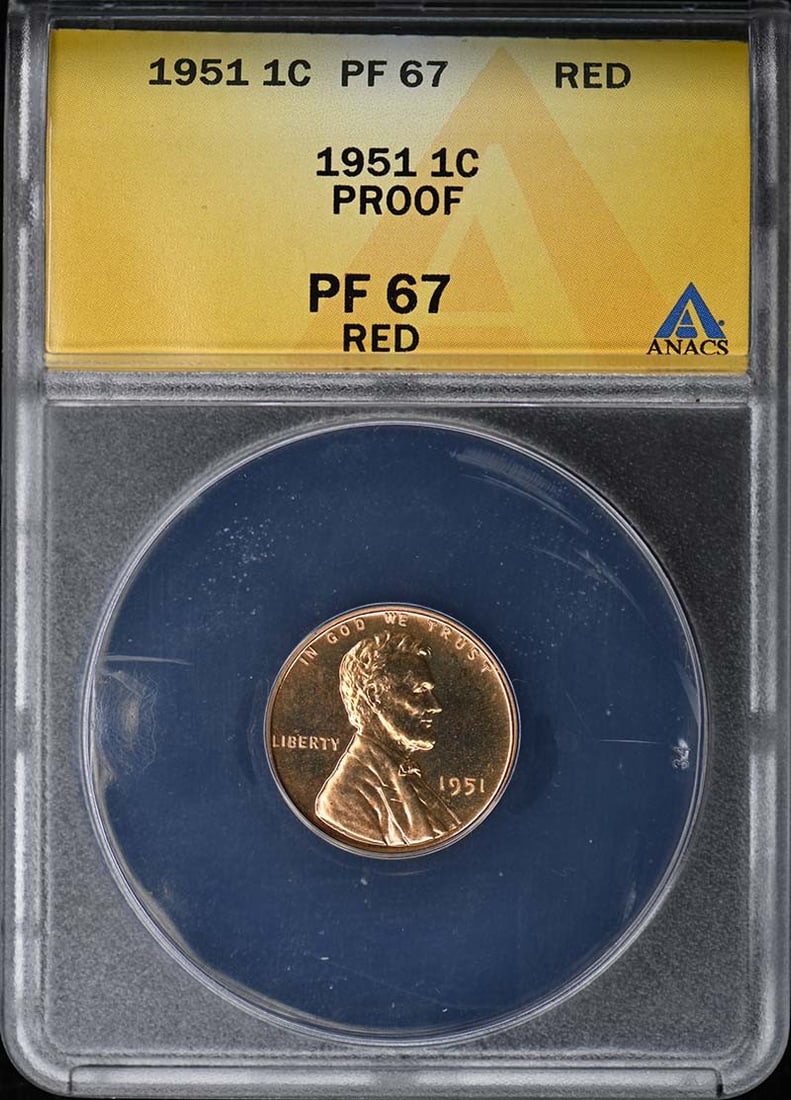 ANACS PR67RD 1951 Lincoln Cent Proof 1C Wheat Reverse: ANACS PR67RD 1951 Lincoln Cent Proof 1C Wheat Reverse 1951 Lincoln Cent proof coin with a wheat reverse, graded PR67RD by ANACS. This pre-owned United States 1C coin is an uncirculated proof issue wit