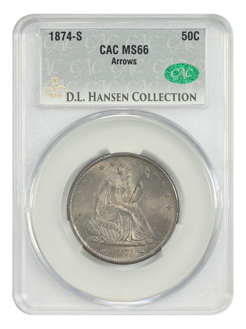 Liberty Seated Half Dollar 1874-S 50C CACG MS66 With Arrows: Liberty Seated Half Dollar 1874-S 50C CACG MS66 With Arrows 1874-S Liberty Seated Half Dollar with Arrows, graded MS66 by CACG. This uncirculated example is an important With Arrows type needed for a 