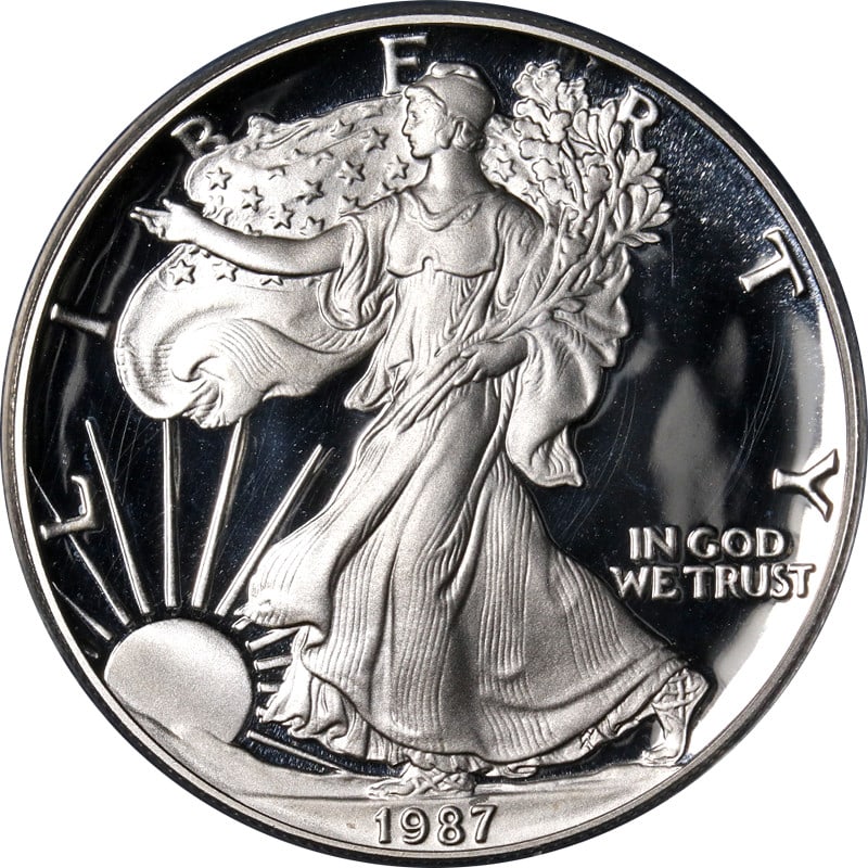 1987-S Silver American Eagle $1 ANACS PF70 DCAM Coin: 1987-S Silver American Eagle $1 ANACS PF70 DCAM Coin This stunning 1987-S Silver American Eagle $1 coin is certified by ANACS as PF70 DCAM, reflecting the highest quality in both eye appeal and condit
