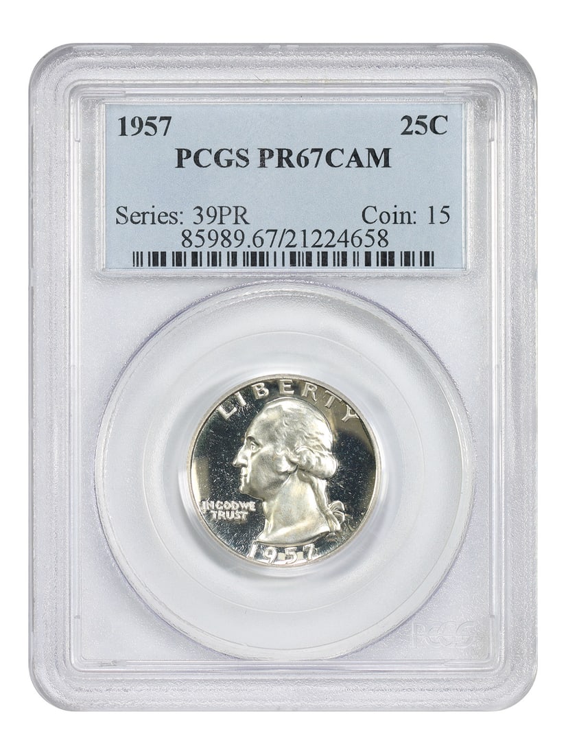 PCGS PR67CAM 1957 Washington Quarter 25C Philadelphia: PCGS PR67CAM 1957 Washington Quarter 25C Philadelphia 1957 Washington Quarter certified by PCGS as PR67CAM. This pre-owned coin is an uncirculated example struck in Philadelphia. Specifications Denomi