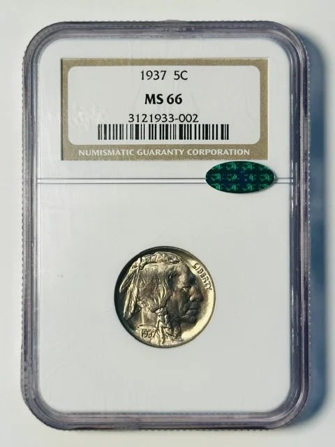 NGC MS-66 CAC 1937 Buffalo Nickel Philadelphia 5 Cents: NGC MS-66 CAC 1937 Buffalo Nickel Philadelphia 5 Cents 1937 Buffalo Nickel certified by NGC and CAC in MS 66 grade. This pre-owned 5-cent coin was minted in Philadelphia and is composed of nickel. Spe