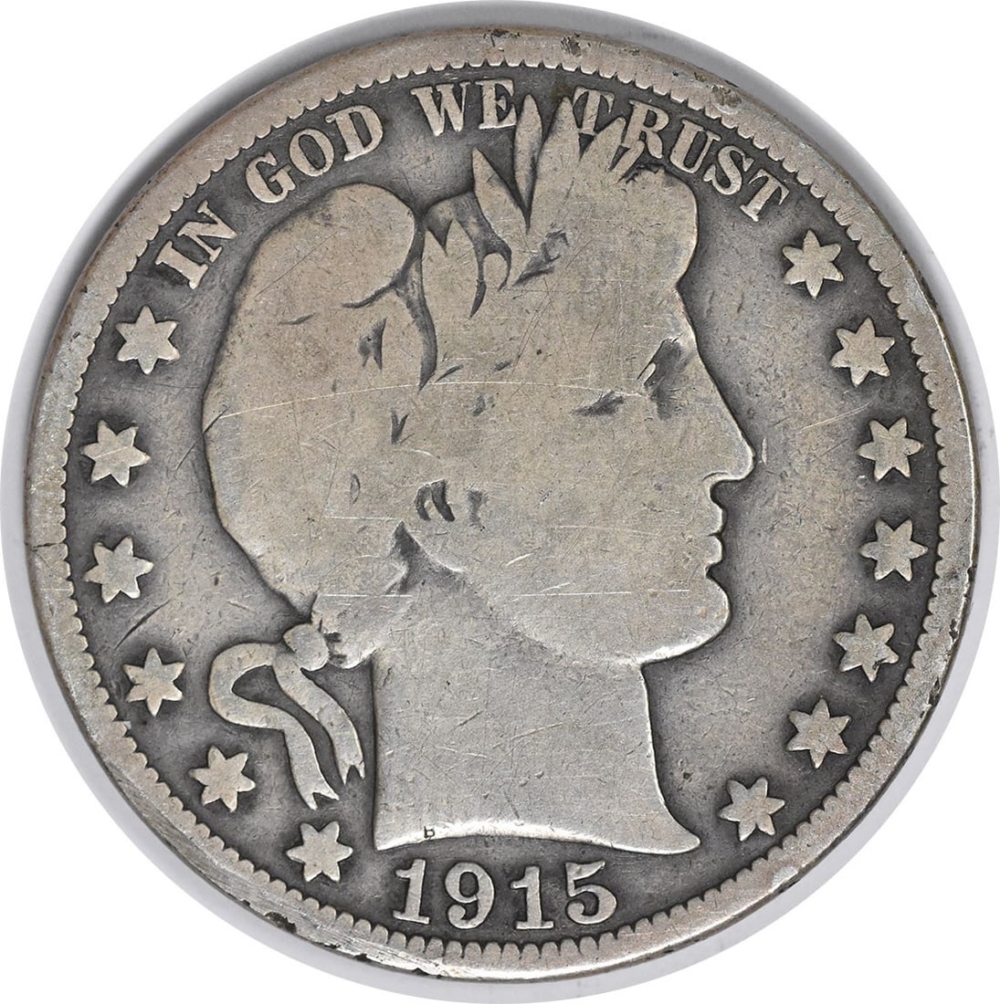 1915 50C Barber Half Dollar Silver VG Uncertified: 1915 50C Barber Half Dollar Silver VG Uncertified 1915 Barber Half Dollar in circulated VG condition. This pre-owned United States 50C coin is composed of silver and is uncertified. Specifications Coi