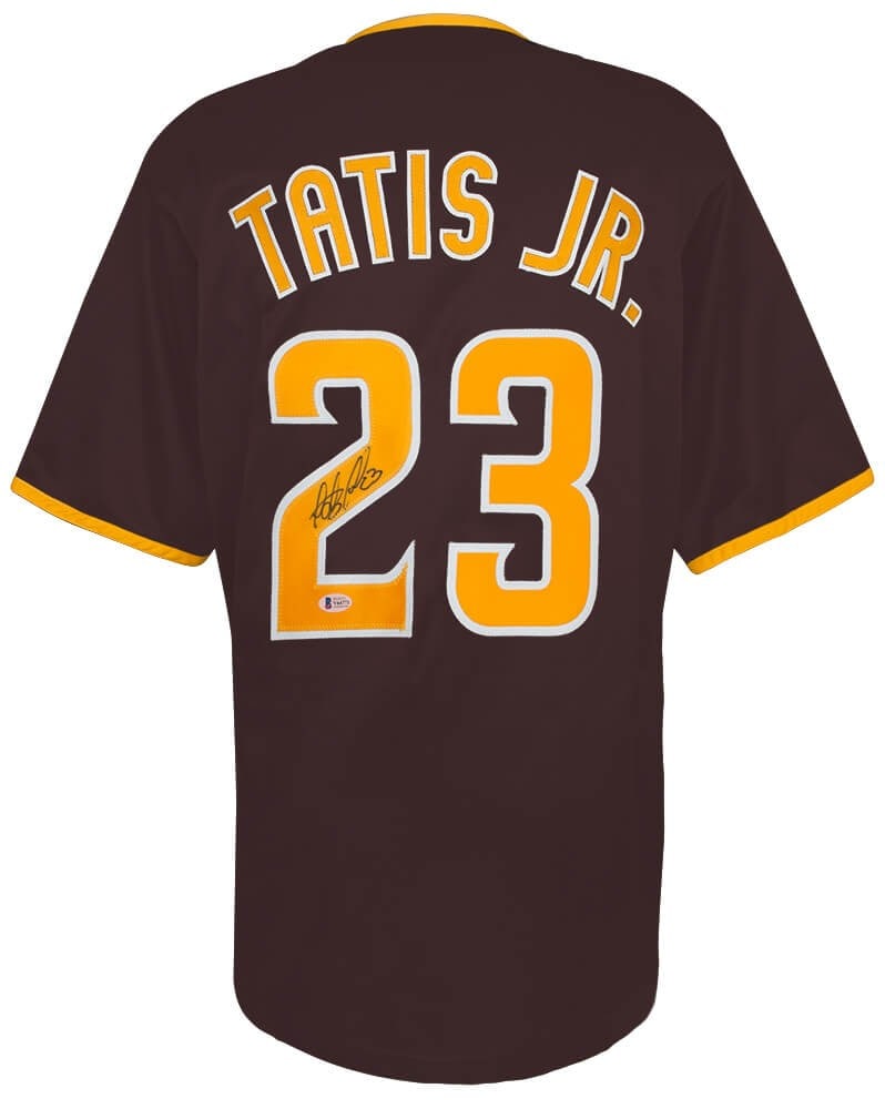 Fernando Tatis Jr. Signed San Diego Padres Jersey with Beckett COA: Fernando Tatis Jr. Signed San Diego Padres Jersey with Beckett COA This is a pre-owned brown custom baseball jersey signed by Fernando Tatis Jr., a notable player for the San Diego Padres. The jersey 