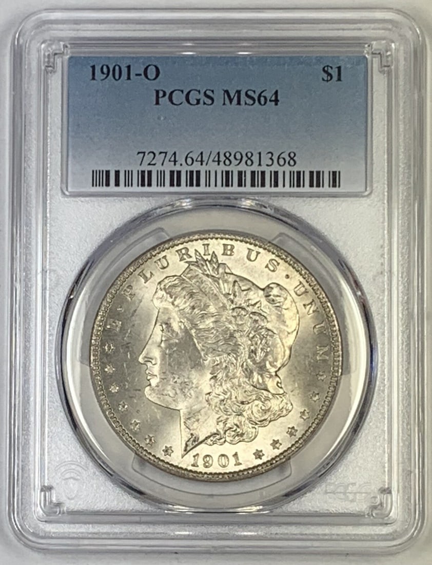 PCGS MS64 1901-O Morgan Silver Dollar Certified Uncirculated Coin: PCGS MS64 1901-O Morgan Silver Dollar Certified Uncirculated Coin This is a 1901-O Morgan Silver Dollar graded MS 64 by PCGS. The coin is uncirculated and made of silver. It is a pre-owned collectible
