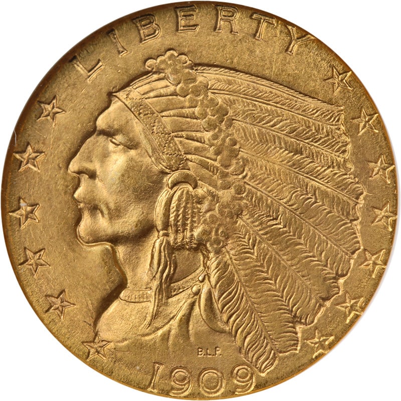 1909 Indian Head Quarter Eagle NGC MS63 CAC: 1909 Indian Head Quarter Eagle NGC MS63 CAC This 1909 Indian Gold $2.50 coin is graded MS63 by NGC and features a CAC sticker, indicating its quality within the grade. The coin is composed of gold wit