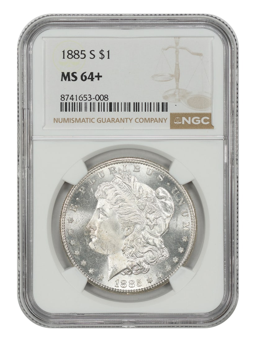 NGC MS64+ 1885-S Morgan Silver Dollar San Francisco Mint $1: NGC MS64+ 1885-S Morgan Silver Dollar San Francisco Mint $1 1885-S Morgan Dollar certified by NGC as MS64+. This uncirculated San Francisco issue is noted in the original description as a lower mintag