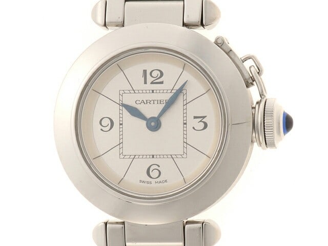 Cartier Miss Pasha womens automatic stainless steel wristwatch W3140007: Cartier Miss Pasha womens automatic stainless steel wristwatch W3140007 Pre-owned Cartier Miss Pasha automatic wristwatch for women with a stainless steel case and bracelet, silver dial, and round ana