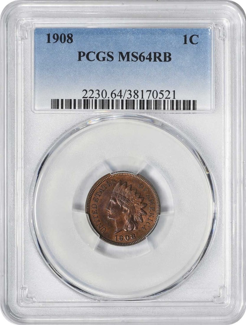 PCGS MS64RB 1908 Indian Head Copper Cent: PCGS MS64RB 1908 Indian Head Copper Cent This is a 1908 Indian Head Cent featuring a repunched date (RPD) variety, specifically the Snow-18 designation. The coin is graded MS64RB (Mint State 64 Red Br