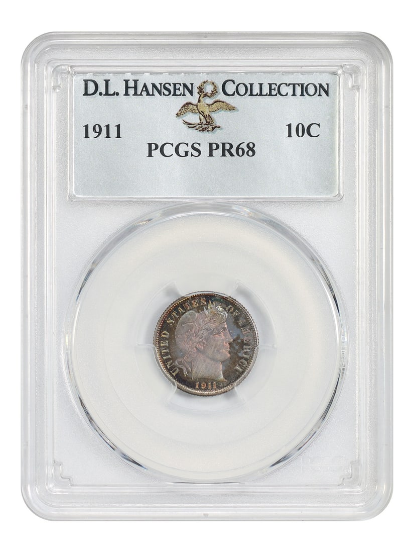 Barber Dime 1911 10C PCGS PR68 Proof ex D.L. Hansen: Barber Dime 1911 10C PCGS PR68 Proof ex D.L. Hansen 1911 Barber Dime certified by PCGS as PR68. This proof issue has a low mintage, with just 543 struck. Presented in a protective holder, this pre-own