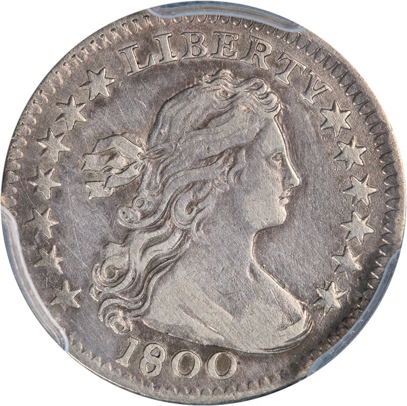 PCGS Certified 1800 Bust Dime Silver XF Details with Strong Strike: PCGS Certified 1800 Bust Dime Silver XF Details with Strong Strike This 1800 Bust Dime is certified by PCGS with XF Details, featuring attractive eye appeal and a strong strike. The coin is composed o