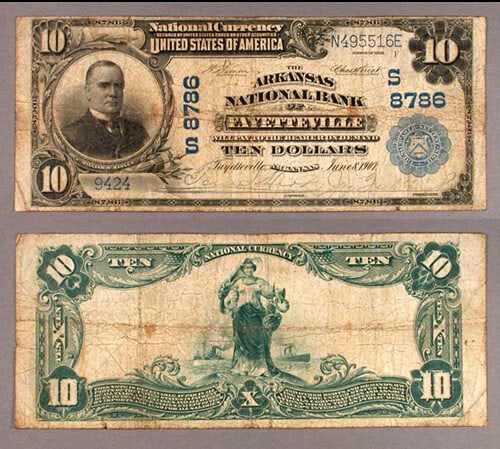 1902 $10 Fayetteville AR National Bank Note Ch #8786 Very Good+: 1902 $10 Fayetteville AR National Bank Note Ch #8786 Very Good+ This 1902 $10 National Bank Note from Fayetteville, Arkansas, features a grade of Very Good+. It is a circulated note with the charter n