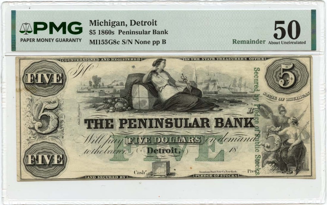 Peninsular Bank Detroit Michigan Five Dollar Obsolete Currency PMG AU50: Peninsular Bank Detroit Michigan Five Dollar Obsolete Currency PMG AU50 This is an 1860s $5 obsolete note from the Peninsular Bank of Detroit, Michigan. Authenticated and graded AU50 by PMG, this pre-