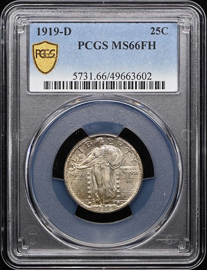 PCGS MS66FH 1919-D Standing Liberty Quarter 25C: PCGS MS66FH 1919-D Standing Liberty Quarter 25C 1919-D Standing Liberty Quarter certified by PCGS and graded MS66FH. This pre-owned United States coin is an uncirculated example of the Standing Libert