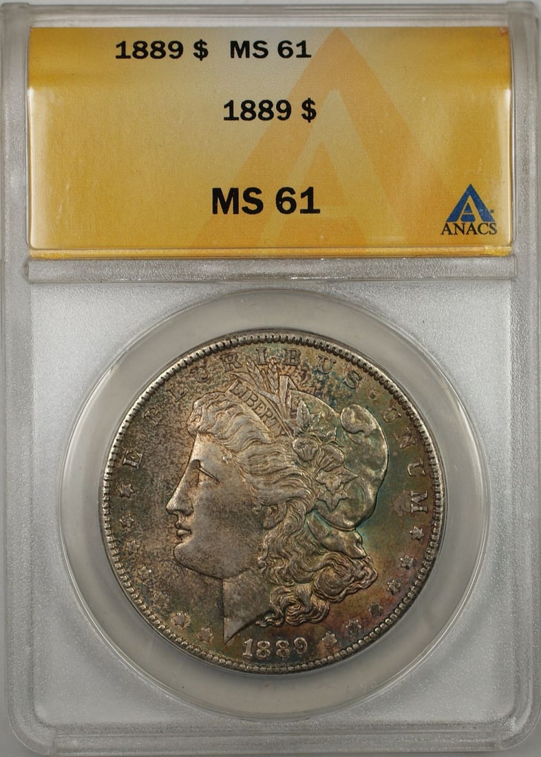 ANACS MS 61 1889 Toned Morgan Silver Dollar from Philadelphia: ANACS MS 61 1889 Toned Morgan Silver Dollar from Philadelphia This 1889 Morgan Silver Dollar coin is certified by ANACS with a grade of MS 61. Struck in Philadelphia, it features a silver composition 