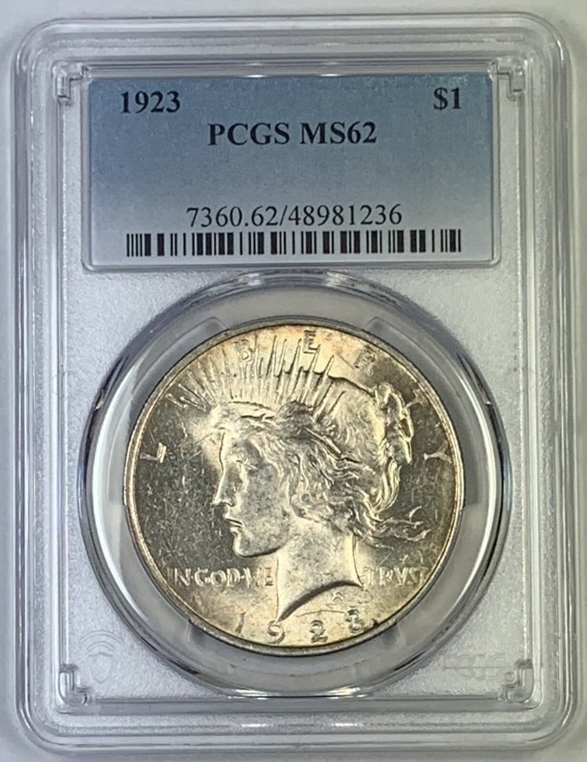 Six 1923 Peace Dollar Silver Coins PCGS MS62 Certified: Six 1923 Peace Dollar Silver Coins PCGS MS62 Certified This 1923 Peace Silver Dollar coin is certified by PCGS with a grade of MS 62. It is uncirculated and made of silver, representing a classic Unit