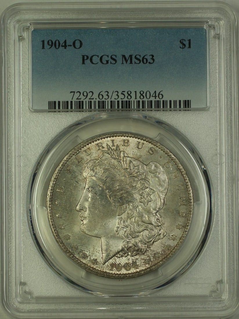 PCGS MS63 1904-O Morgan Dollar Silver Coin: PCGS MS63 1904-O Morgan Dollar Silver Coin This 1904-O Morgan Silver Dollar is a United States $1 coin certified by PCGS with a grade of MS 63. Minted in New Orleans, it features a lightly toned silve