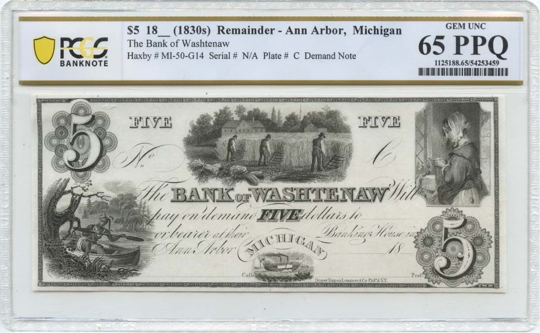Bank of Washtenaw Ann Arbor Michigan $5 Obsolete Note PCGS Gem 65 PPQ (1 of 2)