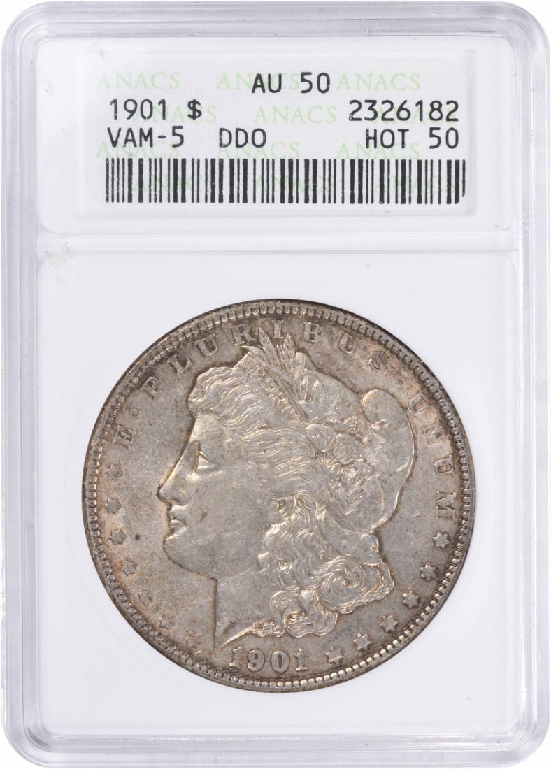 ANACS AU50 1901 Morgan Dollar VAM 5 Doubled Ear Variety: ANACS AU50 1901 Morgan Dollar VAM 5 Doubled Ear Variety This 1901 Morgan Silver Dollar is a VAM 5 variety featuring a doubled ear. The coin is graded AU50 by ANACS and was minted in Philadelphia. Comp