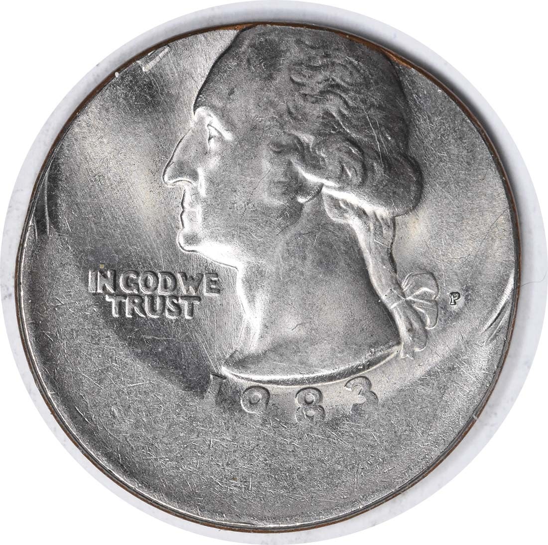 1983-P Washington Quarter 30% Off Center Choice BU Uncertified: 1983-P Washington Quarter 30% Off Center Choice BU Uncertified This is a 1983-P Washington Quarter struck 30% off center, offering a distinctive error for collectors. The coin is uncirculated and grad