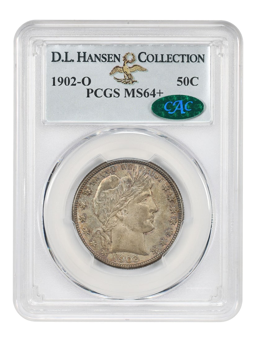 Barber Half Dollar 1902 O PCGS MS64+ CAC ex D.L. Hansen: Barber Half Dollar 1902 O PCGS MS64+ CAC ex D.L. Hansen 1902-O Barber Half Dollar certified by PCGS as MS64+ and CAC approved. This uncirculated example is offered with ex: D.L. Hansen provenance. Nat