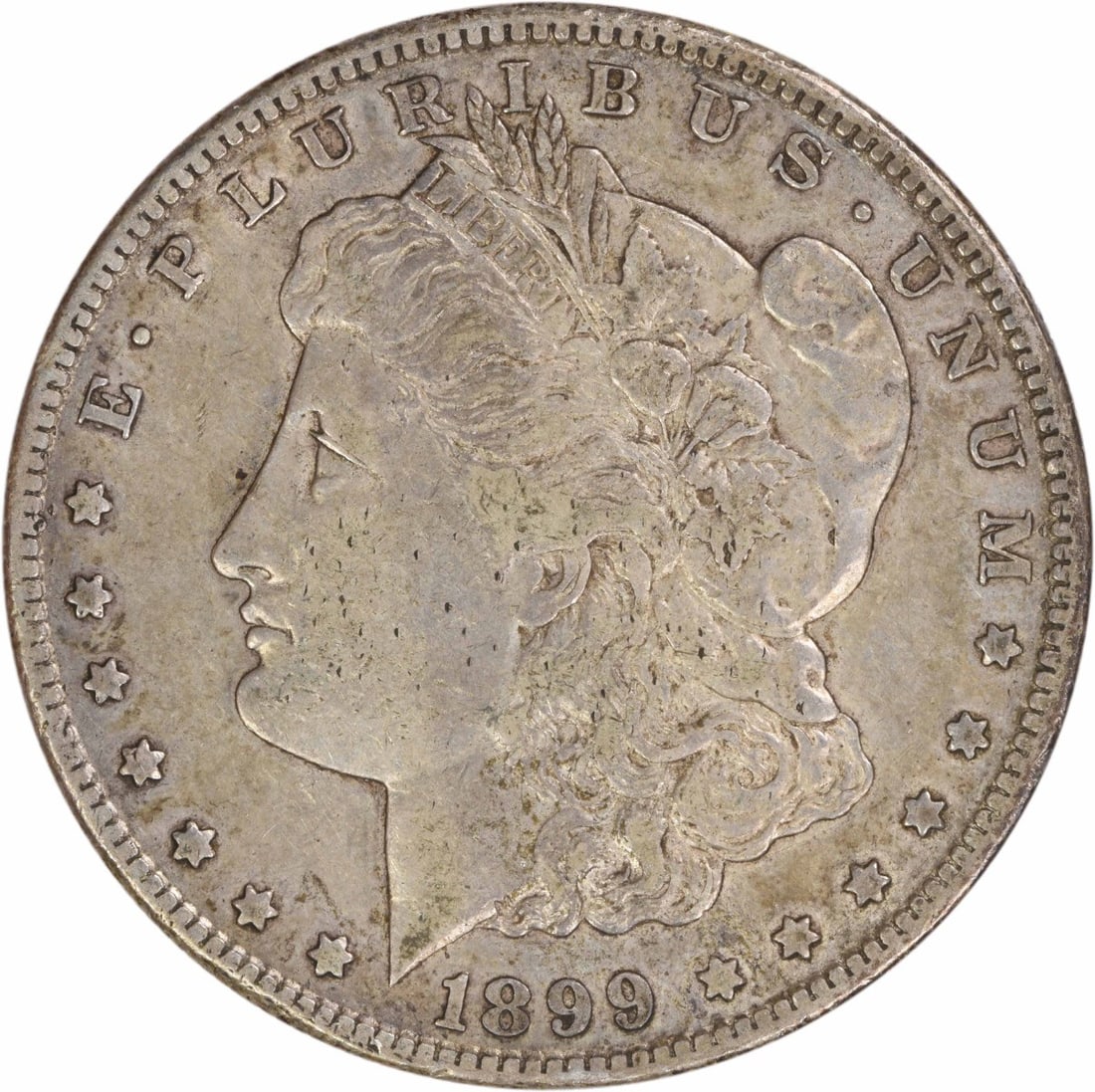 1899 San Francisco Morgan Dollar 90 Percent Silver EF Uncertified: 1899 San Francisco Morgan Dollar 90 Percent Silver EF Uncertified This 1899-S Morgan Silver Dollar is an uncertified, circulated coin featuring the San Francisco mint mark. Composed of 90% silver and 