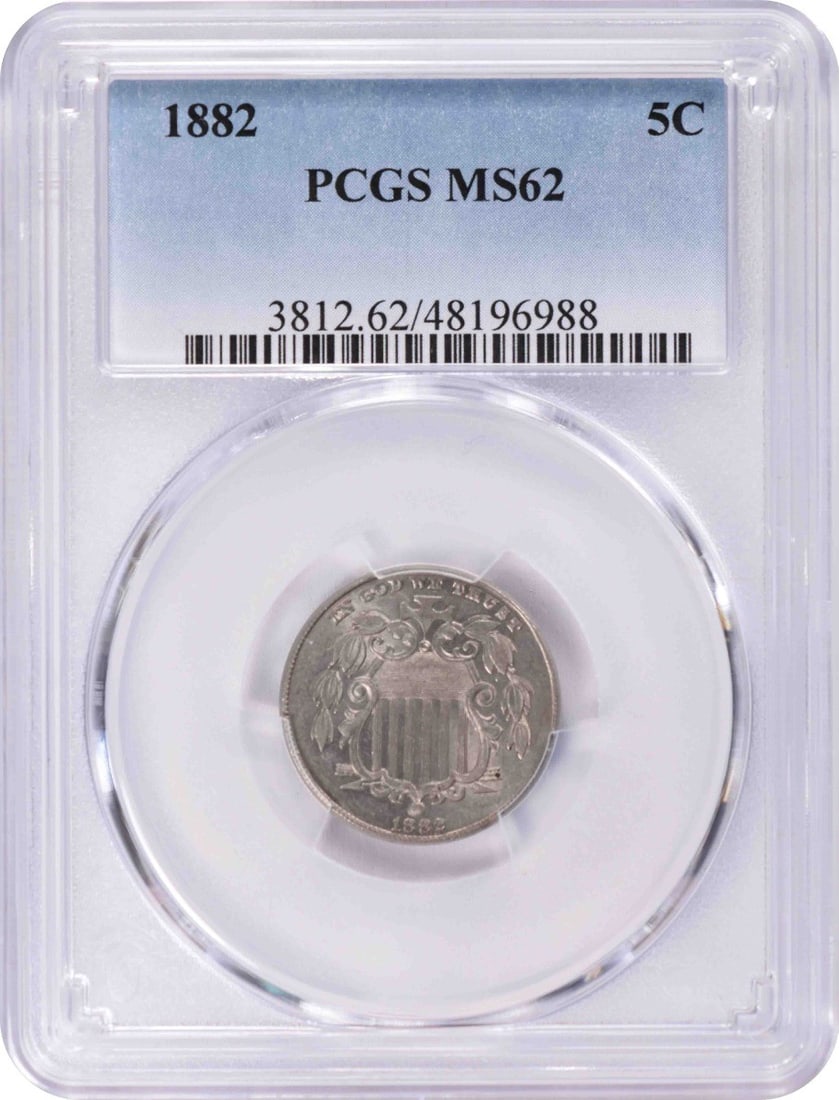 PCGS MS62 1882 United States Shield 5C Nickel: PCGS MS62 1882 United States Shield 5C Nickel 1882 Shield Nickel certified by PCGS and graded MS62. This uncirculated United States 5-cent coin features the Shield design by James Barton Longacre and 
