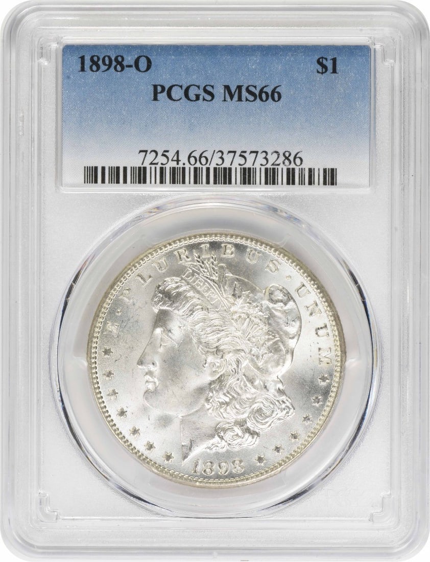 PCGS MS66 1898 O Morgan Silver Dollar $1: PCGS MS66 1898 O Morgan Silver Dollar $1 1898-O Morgan Silver Dollar certified by PCGS and graded MS66. This uncirculated United States $1 coin features the classic Morgan design by George T. Morgan a