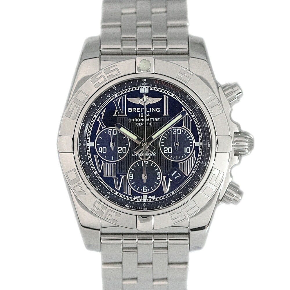 Breitling Chronomat 44 AB0110 Mens Automatic Chronograph Watch Black Dial: Breitling Chronomat 44 AB0110 Mens Automatic Chronograph Watch Black Dial Pre-owned Breitling Chronomat 44 men's wristwatch with a black dial and stainless steel case and bracelet. This automatic mode