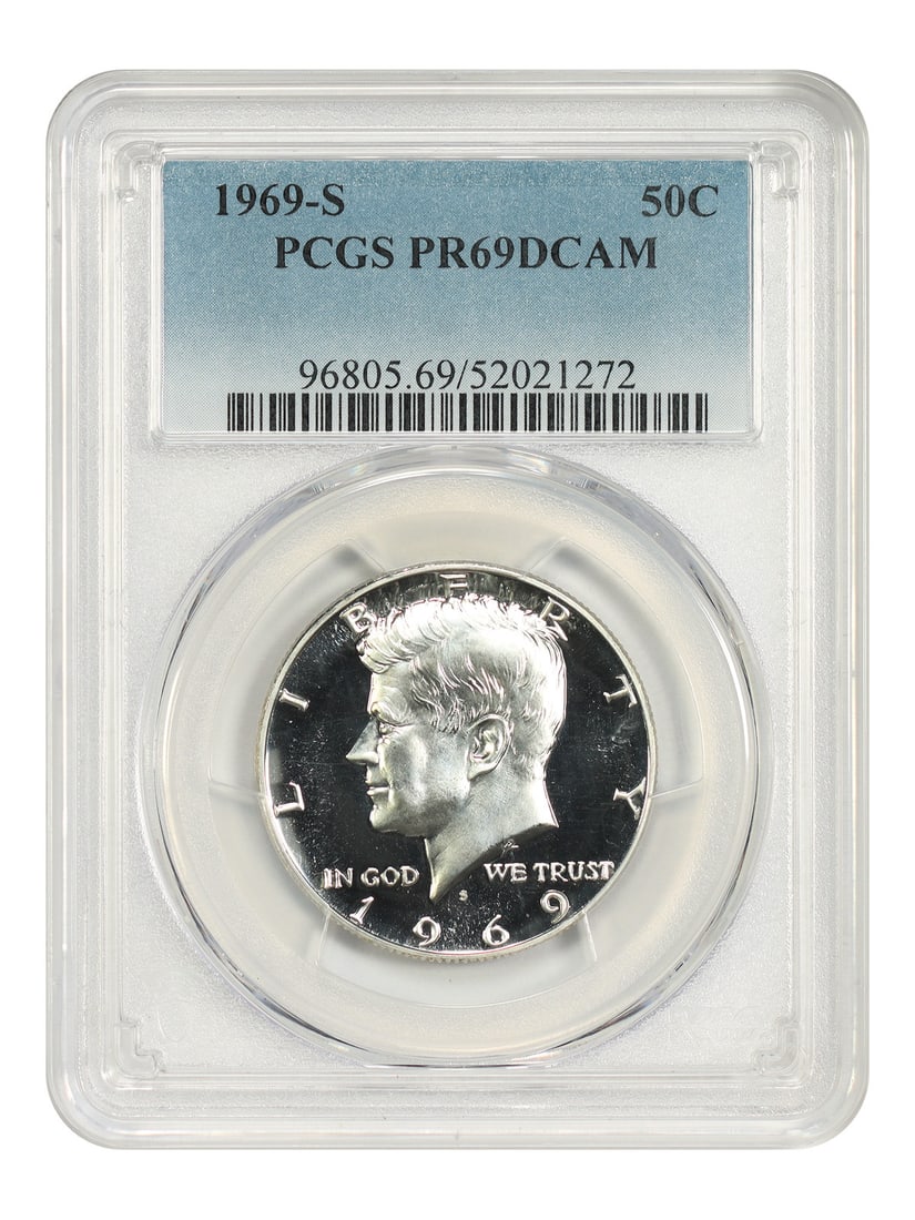 PCGS PR69DCAM 1969 S Kennedy Half Dollar 50C: PCGS PR69DCAM 1969 S Kennedy Half Dollar 50C 1969-S Kennedy Half Dollar certified by PCGS as PR69DCAM. This uncirculated pre-owned coin is identified as a 50C denomination issue from the San Francisco