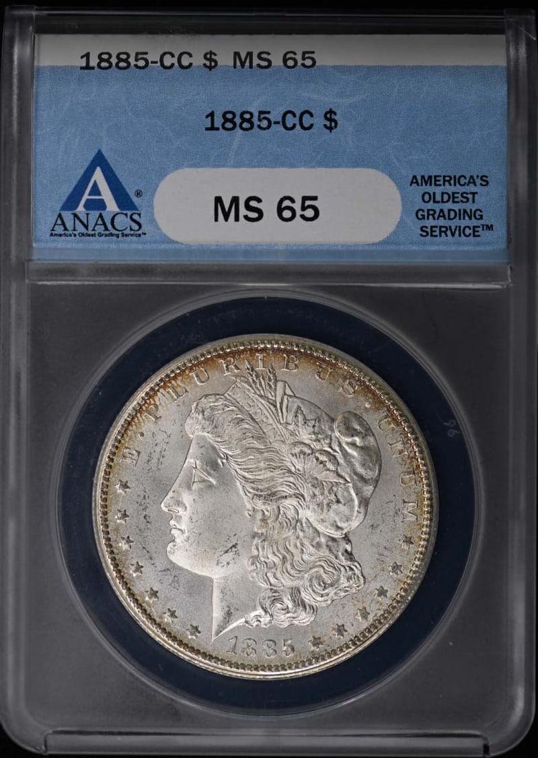 Carson City 1885 Morgan Dollar ANACS MS65: Carson City 1885 Morgan Dollar ANACS MS65 This 1885-CC Morgan Dollar is certified by ANACS with a grade of MS65, indicating a high-quality, uncirculated coin. Minted in Carson City, this pre-owned pie