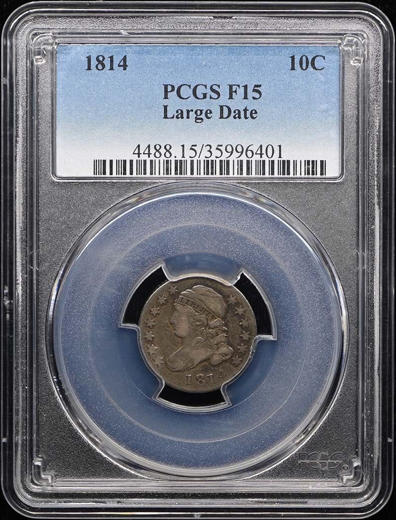 PCGS F15 1814 Capped Bust Large Date 10C Dime: PCGS F15 1814 Capped Bust Large Date 10C Dime 1814 Capped Bust Dime with Large Date variety, graded F15 by PCGS. This pre-owned United States coin is a circulated example from the Philadelphia Mint. S